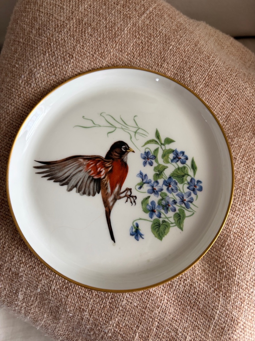 Decorative Bird & Floral Porcelain Plate in White and Gold